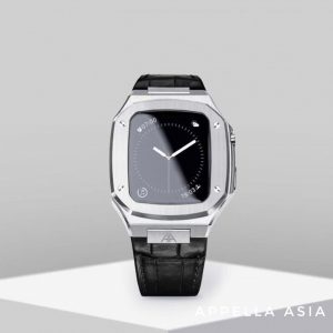 Vỏ đồng hồ Apple Watch - Bạc, dây đeo bằng da màu đen